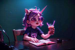 Unicorn with sunglasses drinking coke, COCA-COLA, drink, drinking coke, realistic, photorealistic, cinematic, Magical Fantasy style, Magical Fantasy style, neon photography style,3DMM