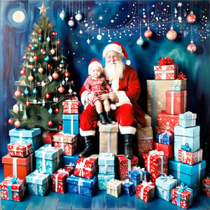 Santa Claus with a small child on his knee, surrounded by gifts of various colors, Christmas atmosphere

Art style by Kate Baylay,