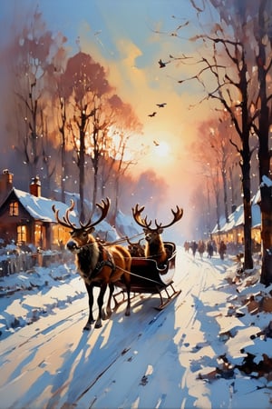 Christmas scene, a flying sleigh pulled by reindeer, magical scene,

Paul Hedley's artistic style in burnt umber and rose tones,

,BJ_Blue_butterfly