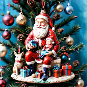 Santa Claus with a small child on his knee, surrounded by gifts of various colors, Christmas atmosphere

Art style by Kate Baylay,christmas_ornament