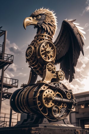 Generates an image of a majestic Steampunk-style robot eagle. Its body is meticulously constructed using intricate clockwork mechanisms, with gears and bronze parts forming its structure. Its rusted metal wings spread elegantly, displaying details of rivets and steam pipes. His eyes shine with an intense golden light, while his beak is adorned with brass ornaments. The eagle stands in an imposing pose, as if it is about to take flight into the steamy skies of a Steampunk city