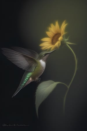 Create an elegant and captivating portrait of a wonderful hummingbird sniffing a sunflower. Use vibrant light and shadow to highlight complex details and jagged edges. Let the dark black and gold textured background accentuate the painting, combining modern styles with neon green and yellow paints, give a touch of pen painting, watercolor and oil techniques. Embrace negative space with captivating brushstrokes and stencil art, evoking beauty and allure.,Digital painting ,ColorART,pencil sketch,<lora:659095807385103906:1.0>