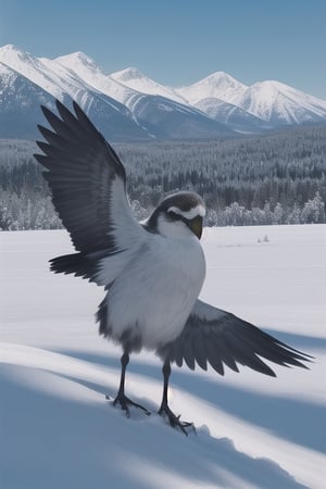 Hombre pájaro aterrador de plumaje blanco y pelo blanco con largo pico fotorrealista y extremadamente realista de pie en un paisaje nevado,<lora:659111690174031528:1.0>