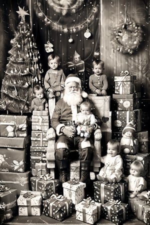 black and white photography.
High quality in the face, HD, extremely high quality in the face
Santa Claus with a small child on his knee, surrounded by gifts of various colors, Christmas atmosphere

Art style by Kate Baylay,photorealistic,kids,chibi