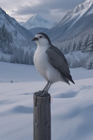 Furry, Humanoide, hombre disfrazado de pájaro, Hombre pájaro aterrador de plumaje blanco y pelo blanco con largo pico fotorrealista y extremadamente realista de pie en un paisaje nevado,<lora:659111690174031528:1.0>