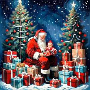 Santa Claus with a small child on his knee, surrounded by gifts, Christmas atmosphere

Art style by Kate Baylay