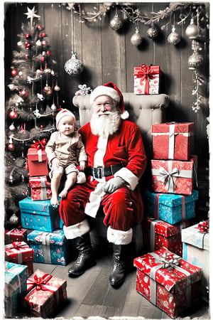 black and white photography.
Santa Claus with a small child on his knee, surrounded by gifts of various colors, Christmas atmosphere

Art style by Kate Baylay,