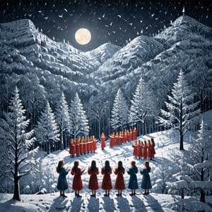 Artistic style of Gerd Arntz, girls in a snowy landscape singing in a choir, snowy and Christmas landscape.,Leonardo Style,ral-chrcrts