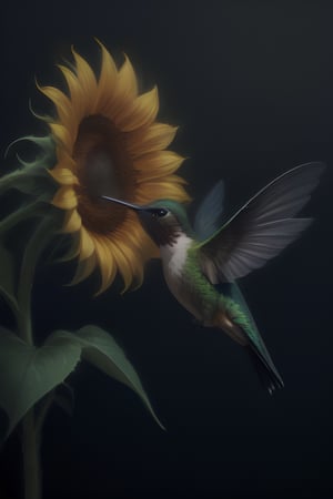 Create an elegant and captivating portrait of a wonderful hummingbird sniffing a sunflower. Use vibrant light and shadow to highlight complex details and jagged edges. Let the dark black and gold textured background accentuate the painting, combining modern styles with neon green and yellow paints, give a touch of pen painting, watercolor and oil techniques. Embrace negative space with captivating brushstrokes and stencil art, evoking beauty and allure.,Digital painting ,ColorART,pencil sketch,<lora:659095807385103906:1.0>