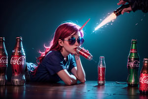 Unicorn with sunglasses drinking coke, COCA-COLA, drink, drinking coke, realistic, photorealistic, cinematic, Magical Fantasy style, Magical Fantasy style, neon photography style,3DMM