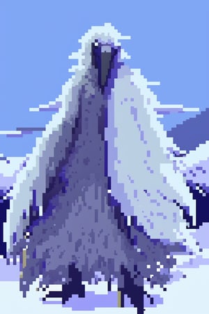 Opium bird, standing, feathers, white feathers, bird, birdman, humanoid, bird head, with extremely long beak, long beak, long mouth, full body, bird legs, bird arms, sinister, terrifying, beautiful , ragged, wide body, fat

High quality, HD, 4kHD, cinematic, atmospheric, realistic, ultra-realistic
snow, mountain, cloudy, gray sky, dark clouds
Detail,lora:largebulg1-000012:1,AIDA_NH_humans,Pixel art