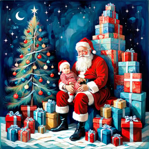 Santa Claus with a small child on his knee, surrounded by gifts of various colors, Christmas atmosphere

Art style by Kate Baylay