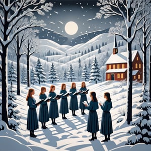 Artistic style of Gerd Arntz, girls in a snowy landscape singing in a choir, snowy and Christmas landscape.