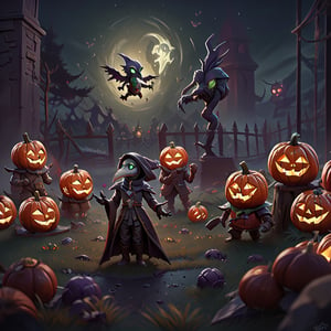 "death prophet" from Dota2 surrounded by her ghosts, glowing green eyes, full body shot, cinematic lighting, gloomy mood, horror,plague doctor,horror,Jack o 'Lantern, jack-o'-lantern monster, little elves with jack-o'-lantern heads, clash of clash, heterochromia,EpicArt,AGE REGRESSION