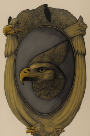 Medieval style ornamental coat of arms, head of a cyborg eagle