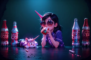 Unicorn with sunglasses drinking coke, COCA-COLA, drink, drinking coke, realistic, photorealistic, cinematic, Magical Fantasy style, Magical Fantasy style, neon photography style,3DMM