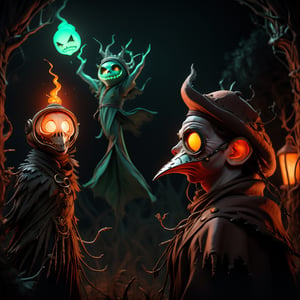 "death prophet" from Dota2 surrounded by her ghosts, glowing green eyes, full body shot, cinematic lighting, gloomy mood, horror,plague doctor,horror,Jack o 'Lantern, jack-o'-lantern monster, little elves with jack-o'-lantern heads, clash of clash, heterochromia,EpicArt,AGE REGRESSION,DonMG414