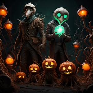 "death prophet" from Dota2 surrounded by her ghosts, glowing green eyes, full body shot, cinematic lighting, gloomy mood, horror,plague doctor,horror,Jack o 'Lantern, jack-o'-lantern monster, little elves with jack-o'-lantern heads, clash of clash, heterochromia,EpicArt,AGE REGRESSION,DonMG414