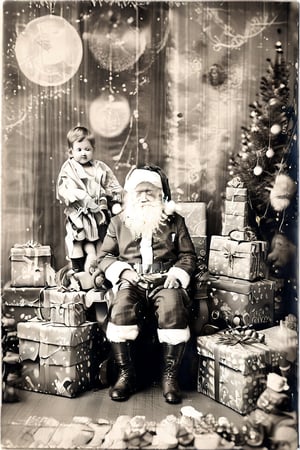 black and white photography.
Santa Claus with a small child on his knee, surrounded by gifts of various colors, Christmas atmosphere

Art style by Kate Baylay,