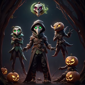 "death prophet" from Dota2 surrounded by her ghosts, glowing green eyes, full body shot, cinematic lighting, gloomy mood, horror,plague doctor,horror,Jack o 'Lantern, jack-o'-lantern monster, little elves with jack-o'-lantern heads