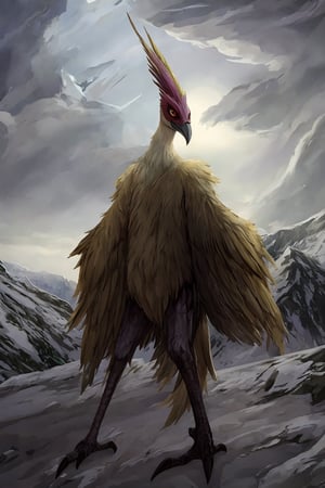 Opium bird, standing, feathers, white feathers, bird, birdman, humanoid, bird head, with extremely long beak, long beak, long mouth, full body, bird legs, bird arms, sinister, terrifying, beautiful , ragged, wide body, fat

High quality, HD, 4kHD, cinematic, atmospheric, realistic, ultra-realistic
snow, mountain, cloudy, gray sky, dark clouds
Detail,lora:largebulg1-000012:1,AIDA_NH_humans,Pixel art,lora:largebulg1-000012:1,lora:largebulg1-000012:1