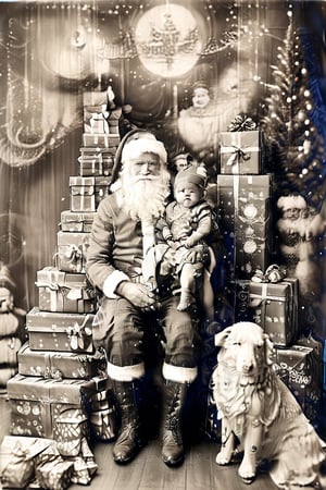 black and white photography.
High quality in the face, HD, extremely high quality in the face
Santa Claus with a small child on his knee, surrounded by gifts of various colors, Christmas atmosphere

Art style by Kate Baylay,