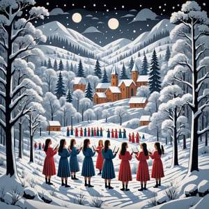 Artistic style of Gerd Arntz, girls in a snowy landscape singing in a choir, snowy and Christmas landscape.,Leonardo Style