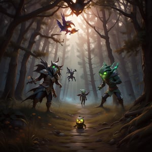 "death prophet" from Dota2 surrounded by her ghosts, glowing green eyes, full body shot, cinematic lighting, gloomy mood, horror,plague doctor,horror,Jack o 'Lantern, jack-o'-lantern monster, little elves with jack-o'-lantern heads, clash of clash, heterochromia,DonMF41ryW1ng5