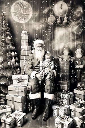 black and white photography.
High quality in the face, HD, extremely high quality in the face
Santa Claus with a small child on his knee, surrounded by gifts of various colors, Christmas atmosphere

Art style by Kate Baylay,