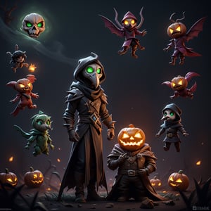 "death prophet" from Dota2 surrounded by her ghosts, glowing green eyes, full body shot, cinematic lighting, gloomy mood, horror,plague doctor,horror,Jack o 'Lantern, jack-o'-lantern monster, little elves with jack-o'-lantern heads, clash of clash, heterochromia