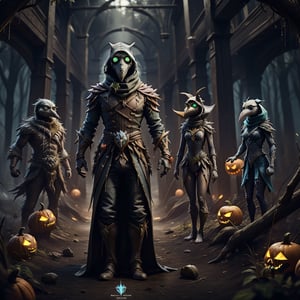 "death prophet" from Dota2 surrounded by her ghosts, glowing green eyes, full body shot, cinematic lighting, gloomy mood, horror,plague doctor,horror,Jack o 'Lantern