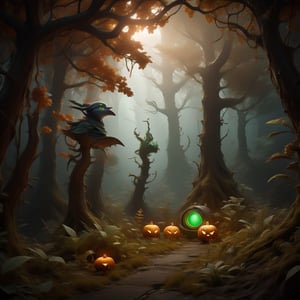 "death prophet" from Dota2 surrounded by her ghosts, glowing green eyes, full body shot, cinematic lighting, gloomy mood, horror,plague doctor,horror,Jack o 'Lantern, jack-o'-lantern monster, little elves with jack-o'-lantern heads, clash of clash, heterochromia,DonMF41ryW1ng5,LatexConcept,AGE REGRESSION,DonMG414 