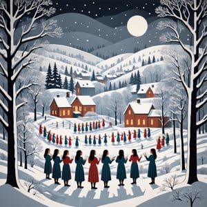 Artistic style of Gerd Arntz, girls in a snowy landscape singing in a choir, snowy and Christmas landscape.