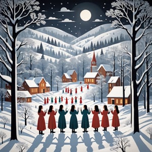 Artistic style of Gerd Arntz, girls in a snowy landscape singing in a choir, snowy and Christmas landscape.