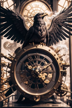 Generates an image of a majestic Steampunk-style robot eagle. Its body is meticulously constructed using intricate clockwork mechanisms, with gears and bronze parts forming its structure. Its rusted metal wings spread elegantly, displaying details of rivets and steam pipes. His eyes shine with an intense golden light, while his beak is adorned with brass ornaments. The eagle stands in an imposing pose, as if it is about to take flight into the steamy skies of a Steampunk city