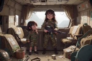 on the outside
assault rifle, holding a rifle, soldier clothing,
Iran, Afghanistan
fire, war crimes, apocalypse, war crimes, terrorism, terrorist, destroyed car

  assault rifle, firearm
Debris, destruction, ruined city, death and destruction.
​
2 girls
Angry, angry look, 
child, child focusloli focus, a girl dressed as a soldier, surrounded by war destruction, cloudy day, high quality, high detail, immersive atmosphere, fantai12,DonMG414, horror,full body,full_gear_soldier,full gear,soldier,Futuristic room