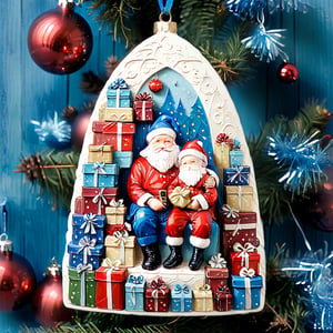 Santa Claus with a small child on his knee, surrounded by gifts of various colors, Christmas atmosphere

Art style by Kate Baylay,christmas_ornament