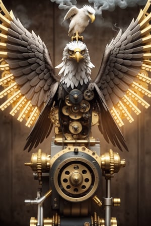 Generates an image of a majestic Steampunk-style robot eagle. Its body is meticulously constructed using intricate clockwork mechanisms, with gears and bronze parts forming its structure. Its rusted metal wings spread elegantly, displaying details of rivets and steam pipes. His eyes shine with an intense golden light, while his beak is adorned with brass ornaments. The eagle stands in an imposing pose, as if it is about to take flight into the steamy skies of a Steampunk city
