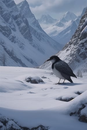 Opium_bird, Humanoide, hombre disfrazado de pájaro, Hombre pájaro aterrador de plumaje blanco y pelo blanco con largo pico fotorrealista y extremadamente realista de pie en un paisaje nevado,<lora:659111690174031528:1.0>