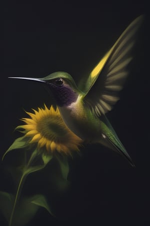 Create an elegant and captivating portrait of a wonderful hummingbird sniffing a sunflower. Use vibrant light and shadow to highlight complex details and jagged edges. Let the dark black and gold textured background accentuate the painting, combining modern styles with neon green and yellow paints, give a touch of pen painting, watercolor and oil techniques. Embrace negative space with captivating brushstrokes and stencil art, evoking beauty and allure.,Digital painting ,ColorART,pencil sketch,<lora:659095807385103906:1.0>