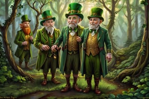 facial features of an old man, elderly person, grandfather's face
detailed facial features, great detail on the face
dwarf, pixie, very short man
(((standing, full body, Leprechaun, Irish leprechaun, forest spirit, humanoid, small man, green suit, green top hat)))
Imagine a mystical and enchanted landscape where emerald green and gold colors intertwine in a dance of light and shadow. In the center of the scene, an ancient forest emerges, its trees seem to whisper ancient secrets while the leaves dance to the rhythm of the wind. High in the sky, a resplendent rainbow curves majestically, revealing a legendary treasure that awaits those with brave hearts. In the clearing of this magical forest, an enigmatic figure appears: a leprechaun, guardian of fortune and bearer of the Celtic essence. The fae's gaze shines with ancient wisdom, inviting viewers to enter a realm of wonder and adventure. What hidden secrets and lost treasures await in this dream world inspired by the magic of St. Patrick and rich Celtic tradition?,SaintP,,asmongold,gothic art, oil painting,shards,druidic,Movie Still