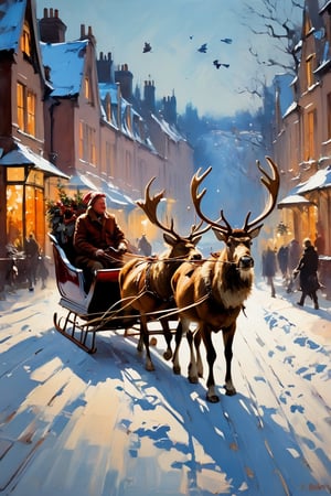 Christmas scene, a flying sleigh pulled by reindeer, magical scene,

Paul Hedley's artistic style in burnt umber and rose tones,

,BJ_Blue_butterfly