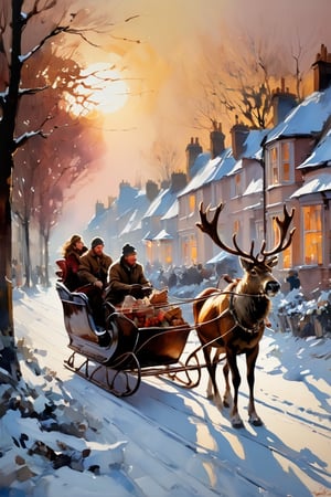 Christmas scene, a flying sleigh pulled by reindeer, magical scene,

Paul Hedley's artistic style in burnt umber and rose tones,

,BJ_Blue_butterfly