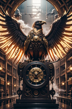 Generates an image of a majestic Steampunk-style robot eagle. Its body is meticulously constructed using intricate clockwork mechanisms, with gears and bronze parts forming its structure. Its rusted metal wings spread elegantly, displaying details of rivets and steam pipes. His eyes shine with an intense golden light, while his beak is adorned with brass ornaments. The eagle stands in an imposing pose, as if it is about to take flight into the steamy skies of a Steampunk city