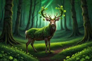 A deer with antlers full of tangled four-leaf clovers in a green forest full of four-leaf clovers, magical forest, magical lighting, high quality, dreamlike atmosphere, four-leaf clover necklace, Saint Patrick's Day, festive atmosphere of saint patrick , magic lights, fireflies, Celtic stone monoliths

,aesthetic,druidic,more detail XL
