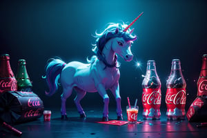 Unicorn with sunglasses drinking coke, COCA-COLA, drink, drinking coke, realistic, photorealistic, cinematic, Magical Fantasy style, Magical Fantasy style, neon photography style,3DMM