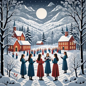 Artistic style of Gerd Arntz, girls in a snowy landscape singing in a choir, snowy and Christmas landscape.,Leonardo Style