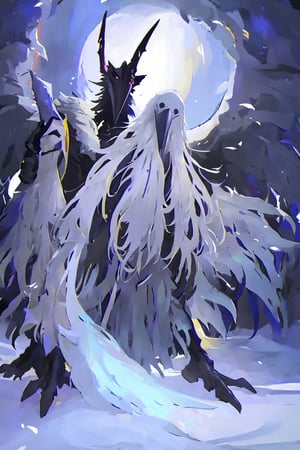 Opium bird, standing, feathers, white feathers, bird, birdman, humanoid, bird head, with extremely long beak, long beak, long mouth, full body, bird legs, bird arms, sinister, terrifying, beautiful , ragged, wide body, fat

High quality, HD, 4kHD, cinematic, atmospheric, realistic, ultra-realistic
snow, mountain, cloudy, gray sky, dark clouds
Detail,lora:largebulg1-000012:1,AIDA_NH_humans