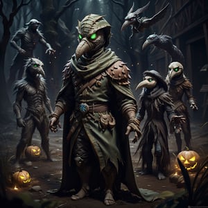 "death prophet" from Dota2 surrounded by her ghosts, glowing green eyes, full body shot, cinematic lighting, gloomy mood, horror,plague doctor,horror,Jack o 'Lantern