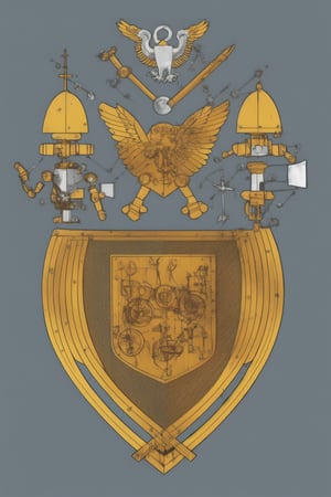 Robot, agila robot, eagle-shaped robot, body composed of mechanisms, medieval style ornamental coat of arms, head of a cyborg eagle